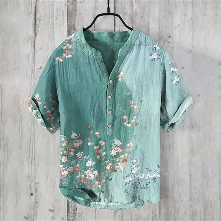 Casual Plum Blossom Print Men's Shirt Green Plus Size - Image 16