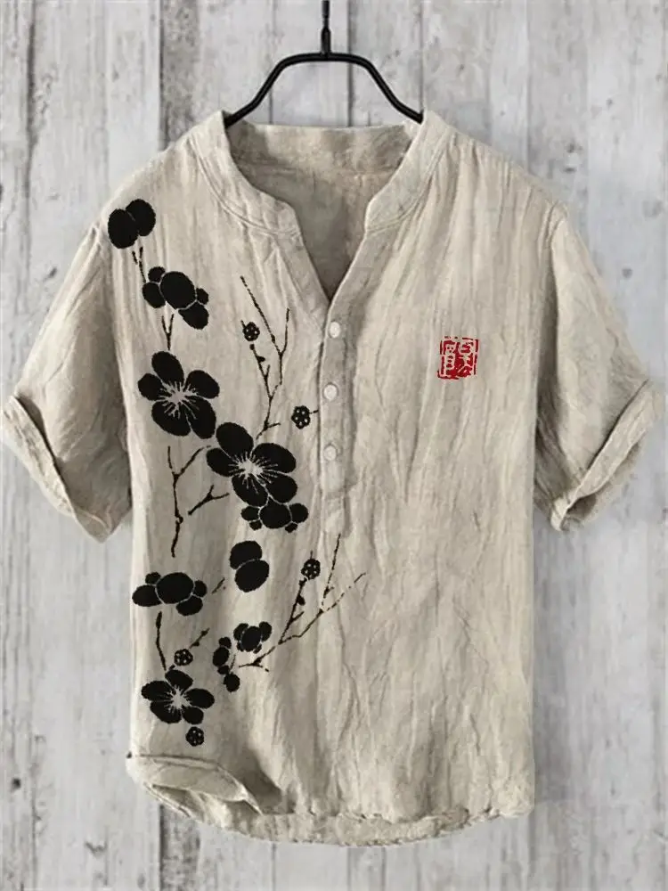 Casual Plum Blossom Print Men's Shirt Green Plus Size — feature 2
