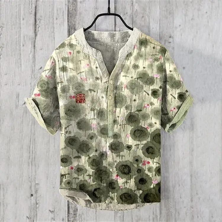 Casual Plum Blossom Print Men's Shirt Green Plus Size — feature 3