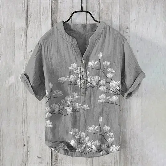 Casual Plum Blossom Print Men's Shirt Green Plus Size - Image 10