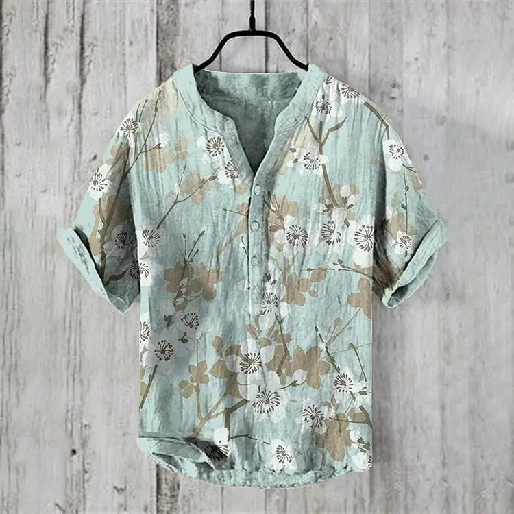Casual Plum Blossom Print Men's Shirt Green Plus Size - Image 11