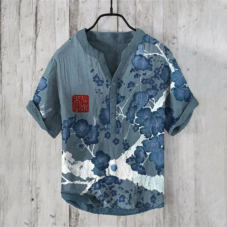 Casual Plum Blossom Print Men's Shirt Green Plus Size - Image 12