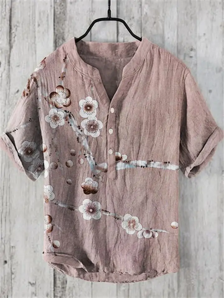 Casual Plum Blossom Print Men's Shirt Green Plus Size - Image 2