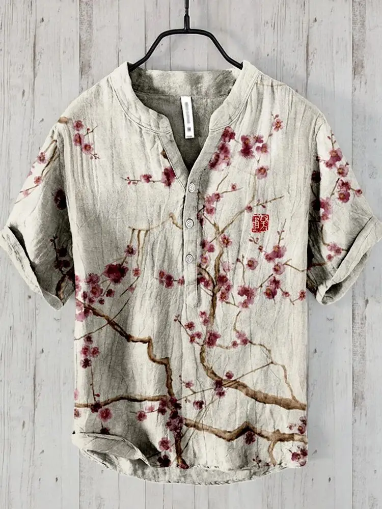 Casual Plum Blossom Print Men's Shirt Green Plus Size - Image 4