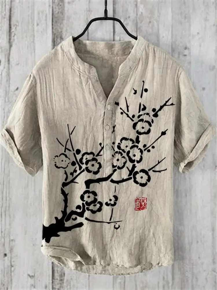 Casual Plum Blossom Print Men's Shirt Green Plus Size - Image 8
