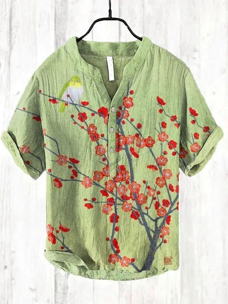 Casual Plum Blossom Print Men's Shirt Green Plus Size - Image 9