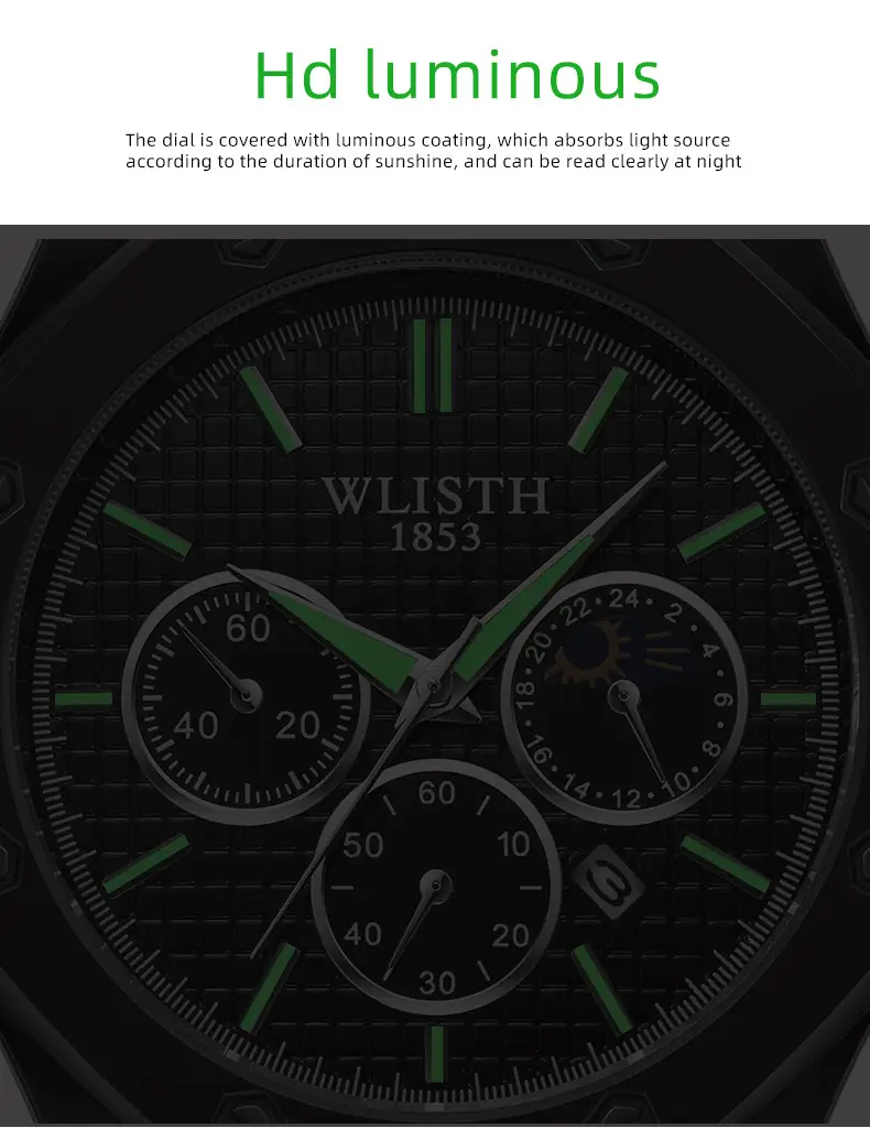 Men's Glow-In-Dark Waterproof Watch with Stainless Steel Band — feature 11