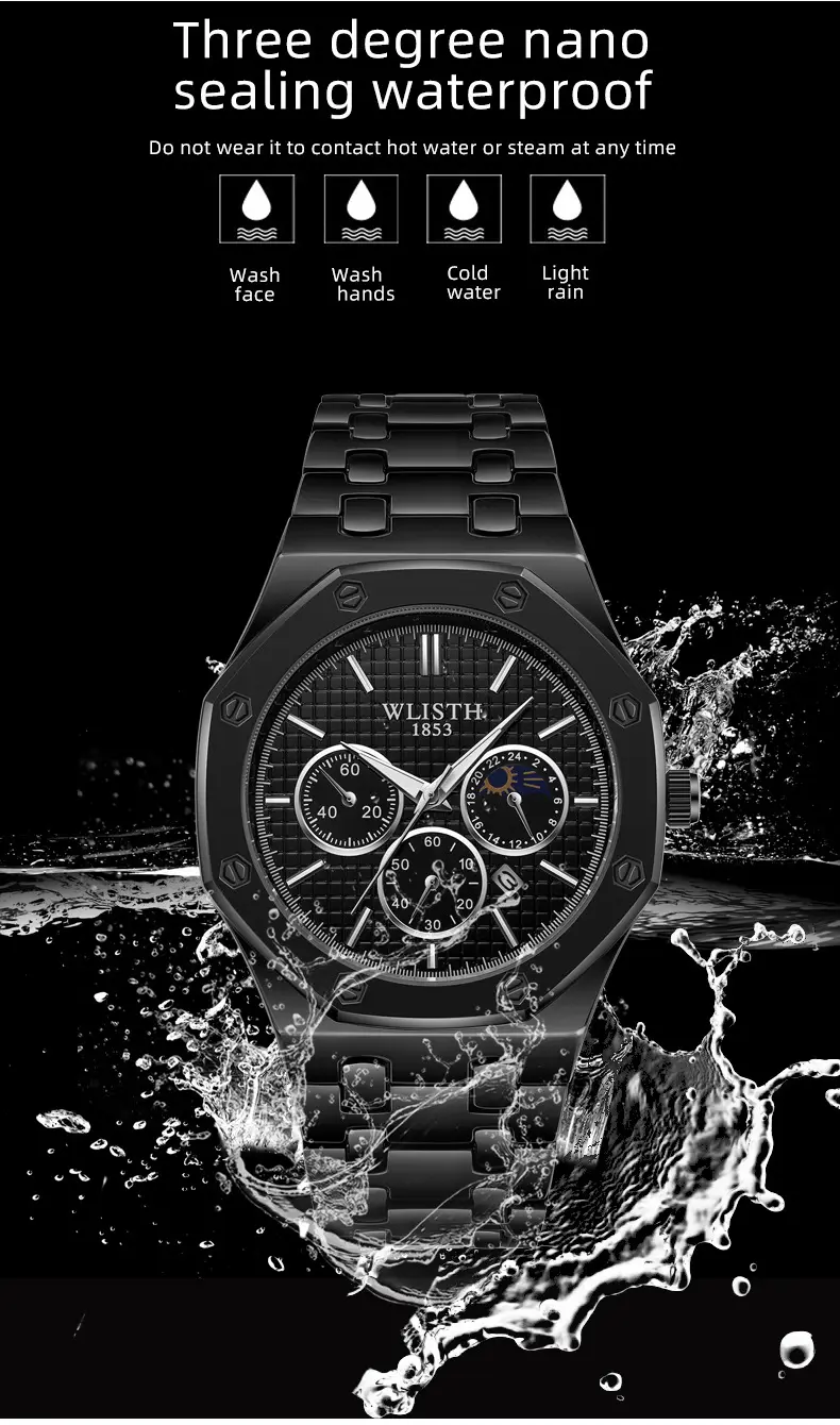 Men's Glow-In-Dark Waterproof Watch with Stainless Steel Band — feature 12