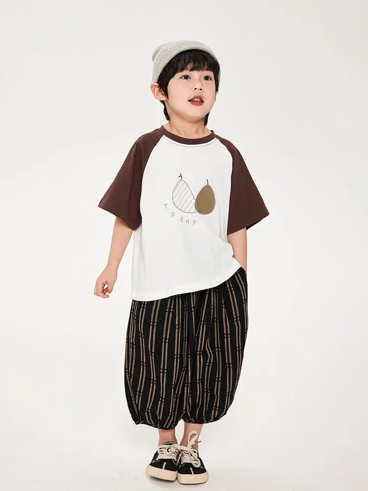 Boys Cotton T-Shirt Brown White Striped Pants Set - Image 2