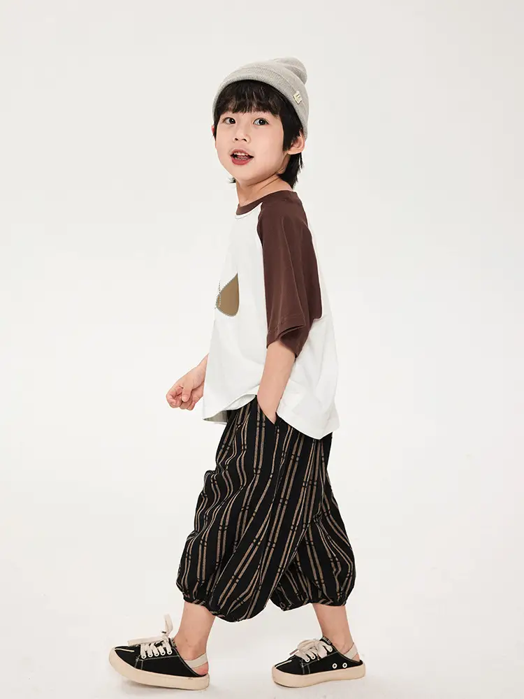 Boys Cotton T-Shirt Brown White Striped Pants Set - Image 3