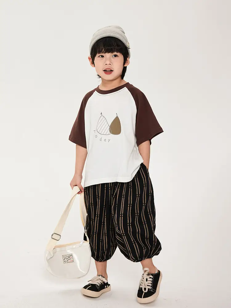 Boys Cotton T-Shirt Brown White Striped Pants Set - Image 4