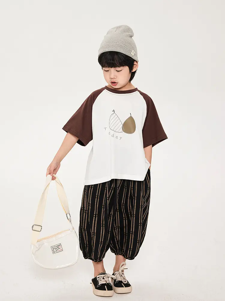 Boys Cotton T-Shirt Brown White Striped Pants Set - Image 5