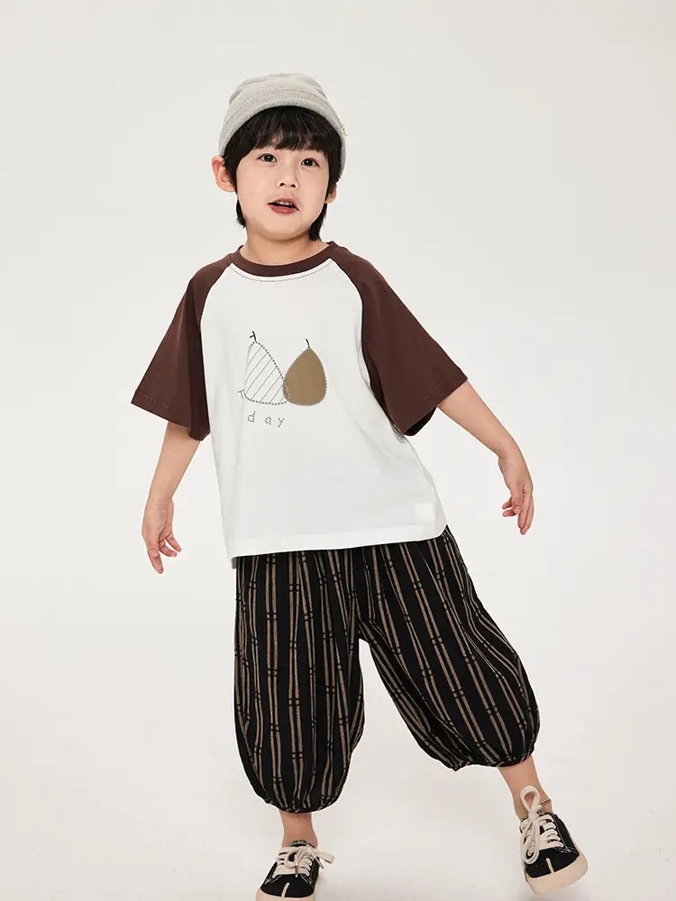 Boys Cotton T-Shirt Brown White Striped Pants Set - Image 6