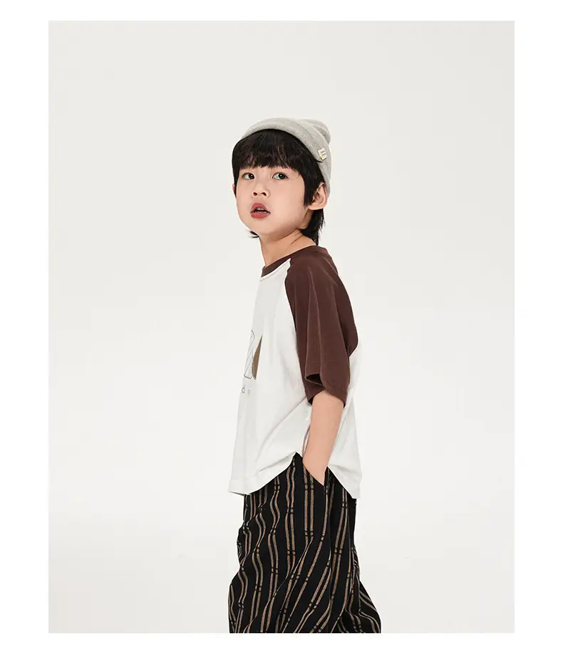 Boys Cotton T-Shirt Brown White Striped Pants Set — feature 13