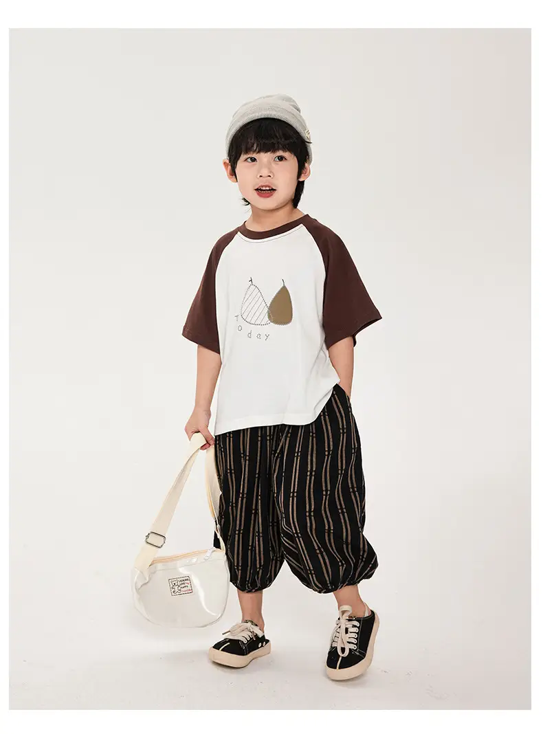 Boys Cotton T-Shirt Brown White Striped Pants Set — feature 14