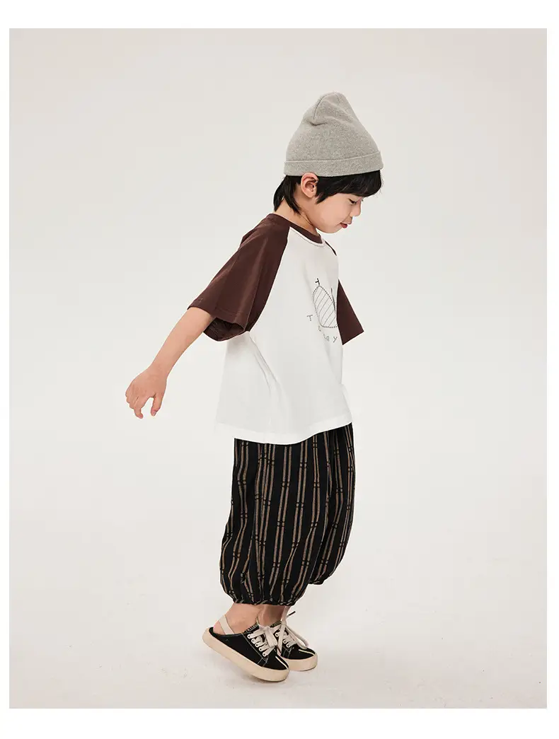 Boys Cotton T-Shirt Brown White Striped Pants Set — feature 15