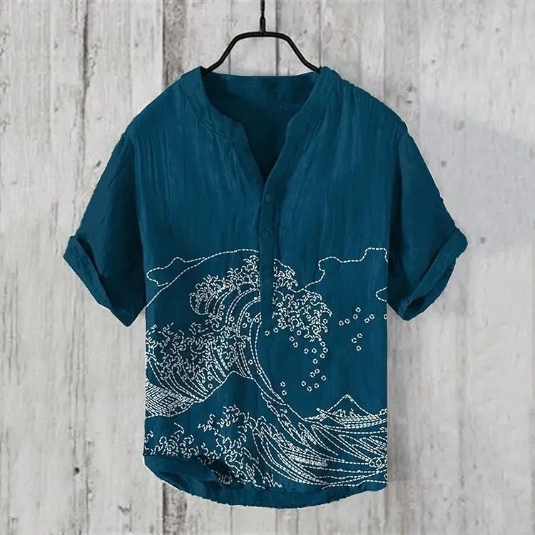 Men's Blue Digital Print Shirt with Wave Design Large - Image 15