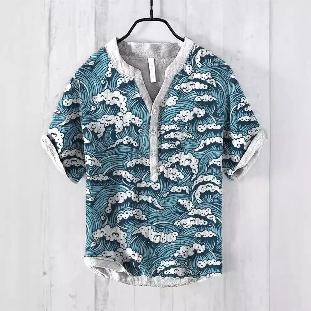 Men's Blue Digital Print Shirt with Wave Design Large - Image 16