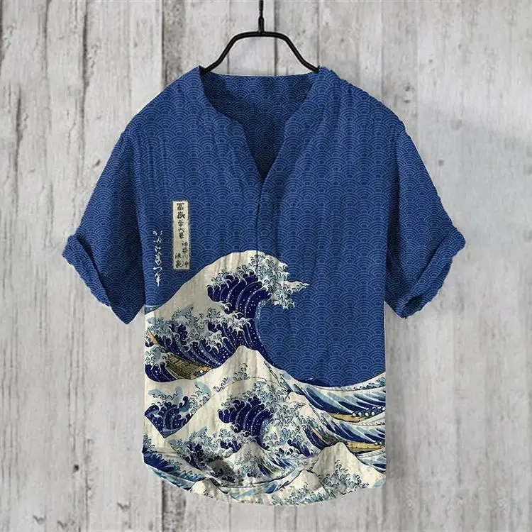 Men's Blue Digital Print Shirt with Wave Design Large - Image 17