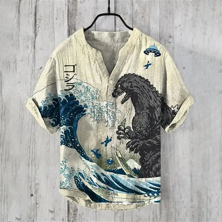 Men's Blue Digital Print Shirt with Wave Design Large — feature 2