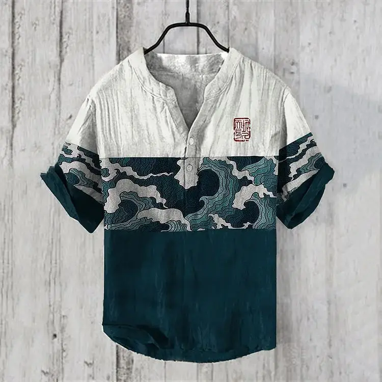 Men's Blue Digital Print Shirt with Wave Design Large — feature 3