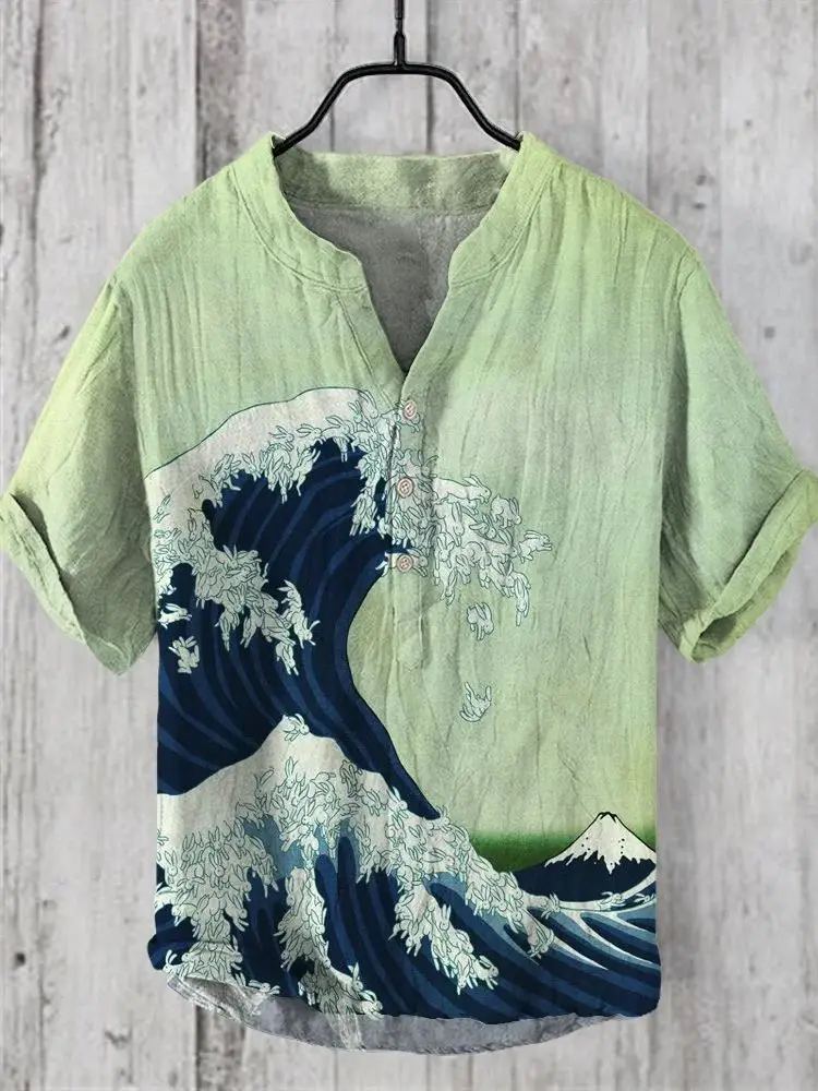 Men's Blue Digital Print Shirt with Wave Design Large — feature 4