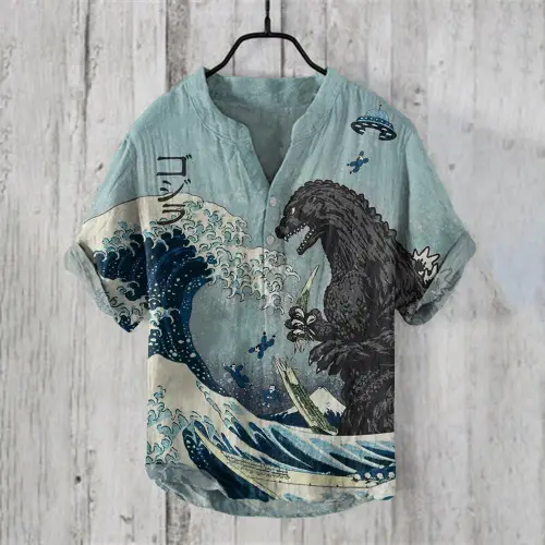 Men's Blue Digital Print Shirt with Wave Design Large - Image 10
