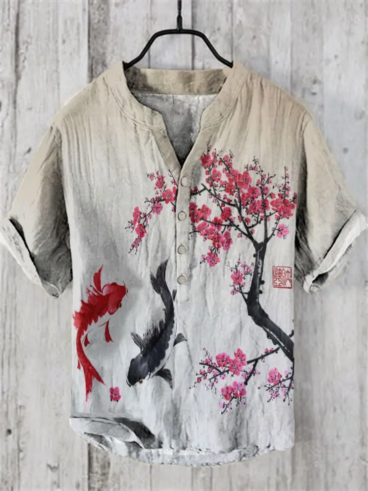 Men's Blue Digital Print Shirt with Wave Design Large - Image 11