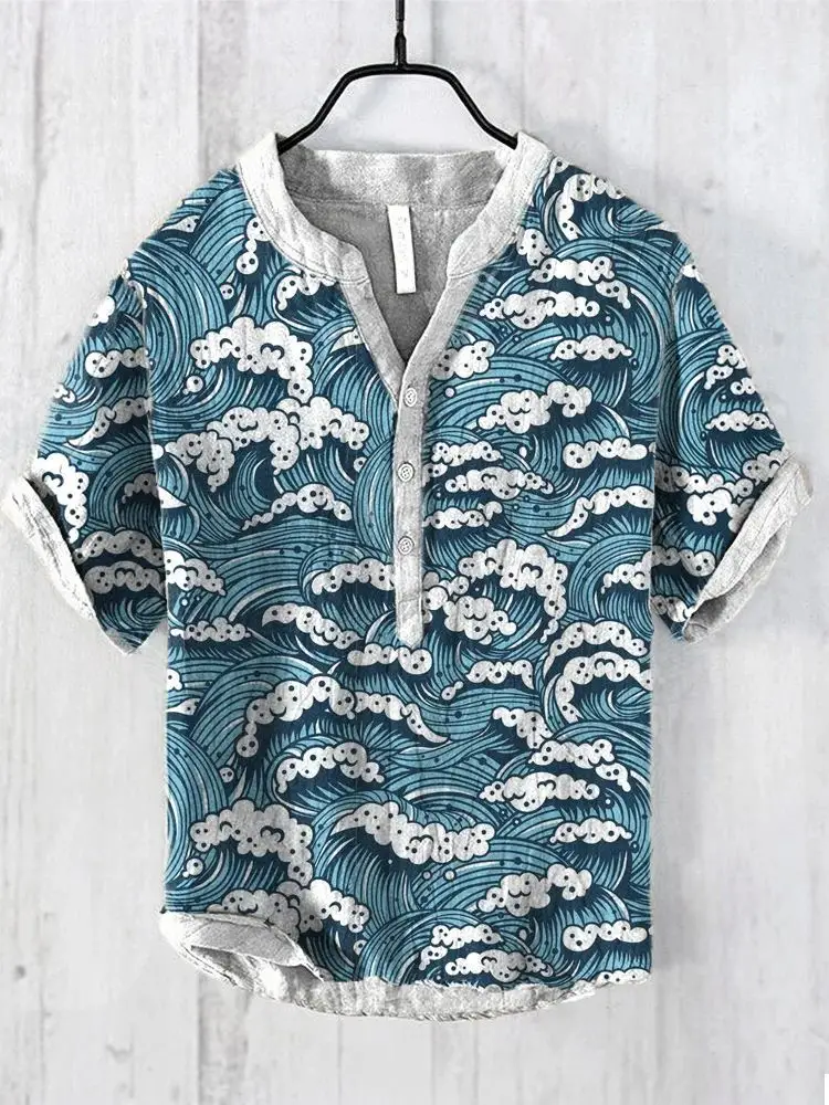 Men's Blue Digital Print Shirt with Wave Design Large - Image 3