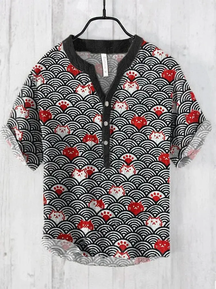 Men's Blue Digital Print Shirt with Wave Design Large - Image 5