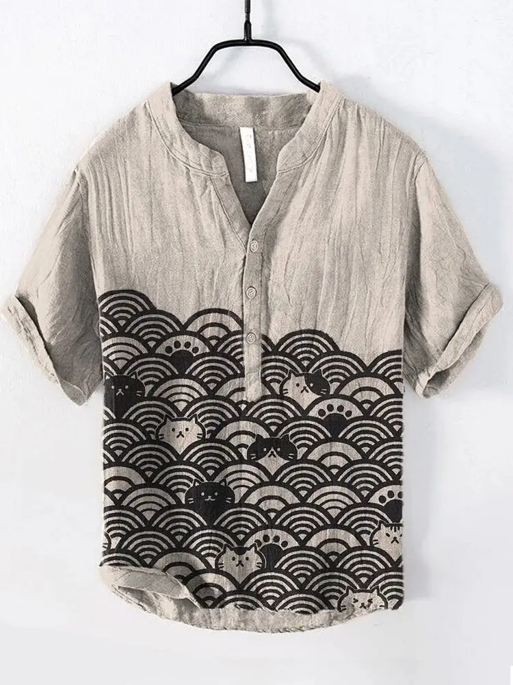 Men's Blue Digital Print Shirt with Wave Design Large - Image 6