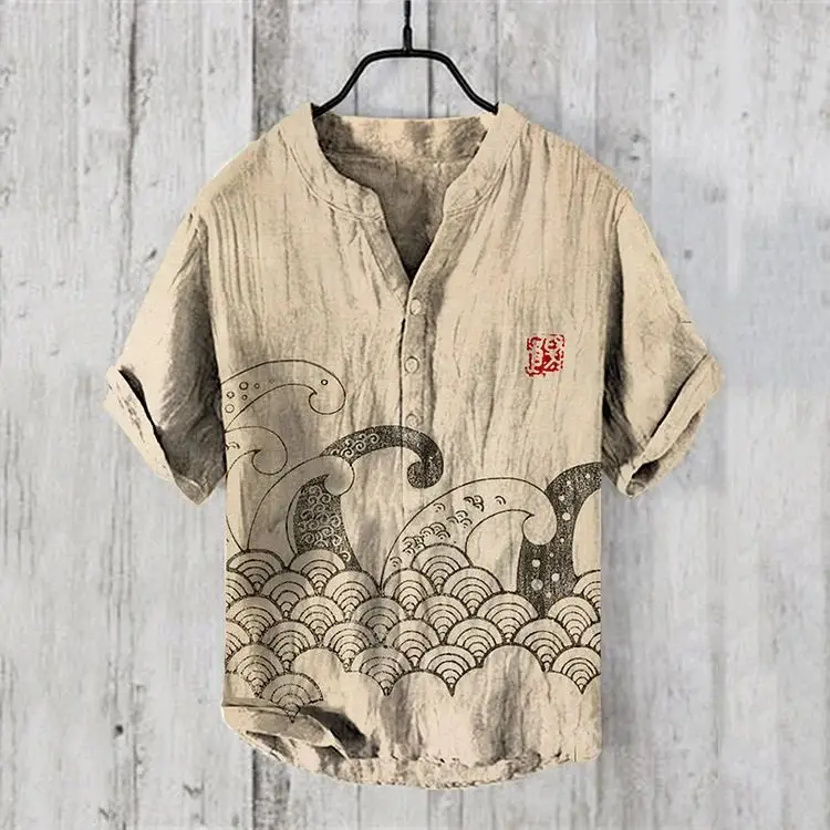 Men's Blue Digital Print Shirt with Wave Design Large - Image 7