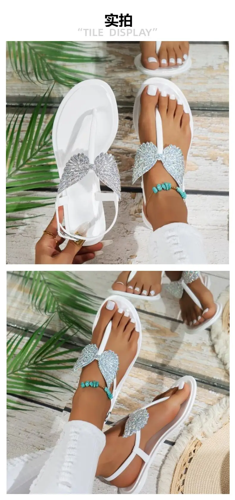 Cross-border hot European and American foreign trade summer new flat pvc beach flip-flops sandals non-slip crystal bow — feature 2