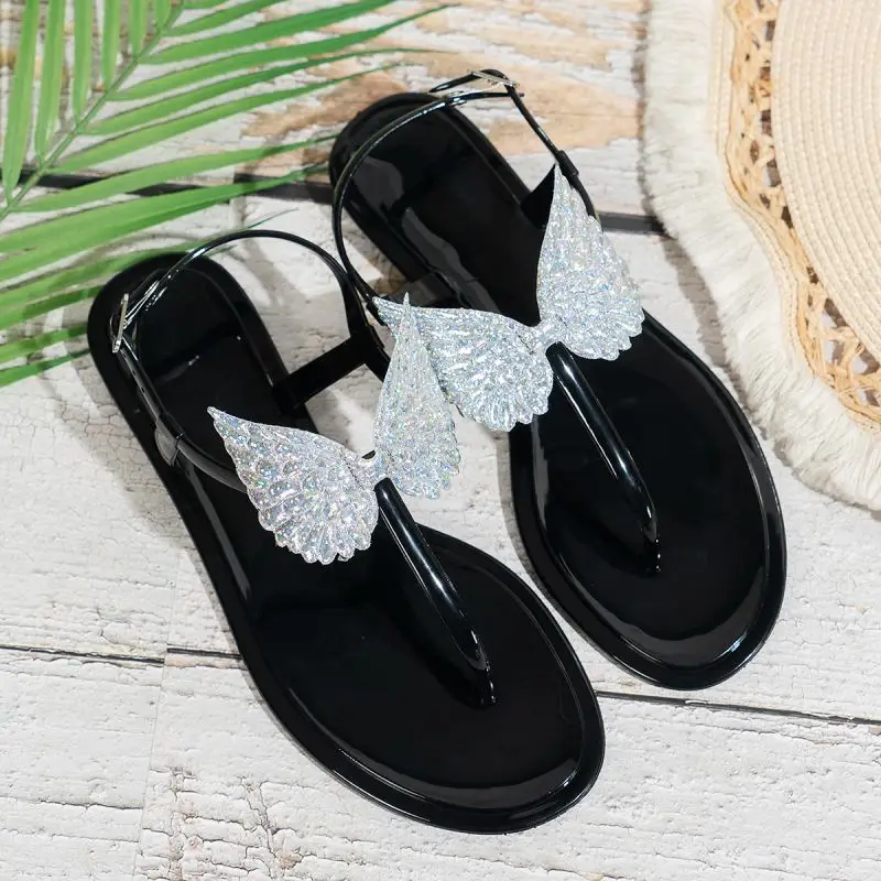 Cross-border hot European and American foreign trade summer new flat pvc beach flip-flops sandals non-slip crystal bow — feature 8