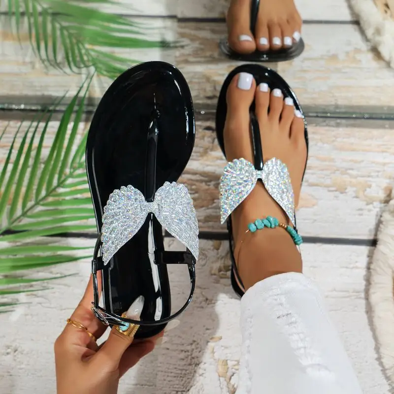 Cross-border hot European and American foreign trade summer new flat pvc beach flip-flops sandals non-slip crystal bow - Image 2
