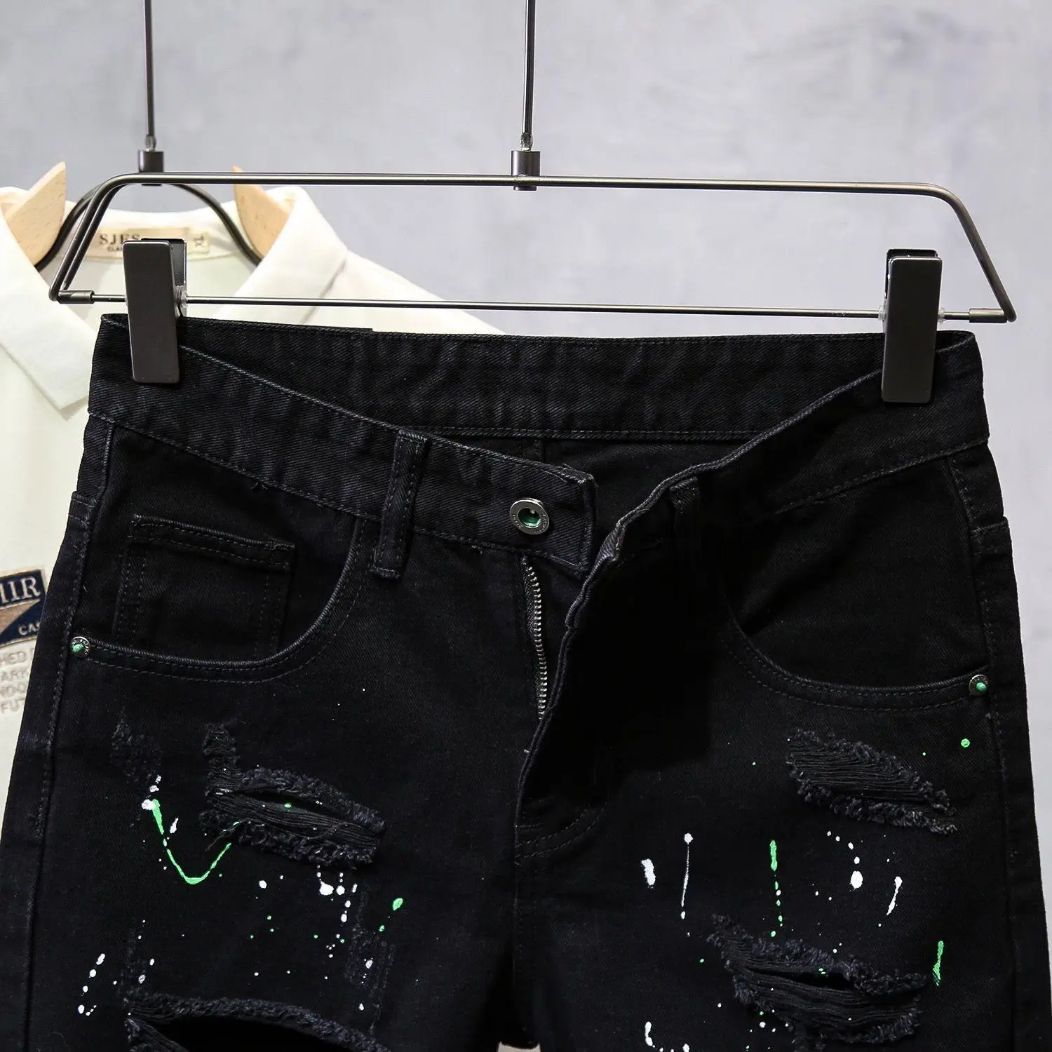 Black Ripped Splash Ink Slim Fit Shorts for Men - Image 3
