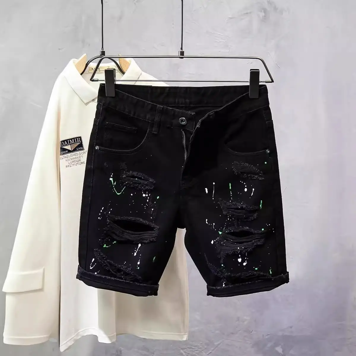Black Ripped Splash Ink Slim Fit Shorts for Men - Image 4