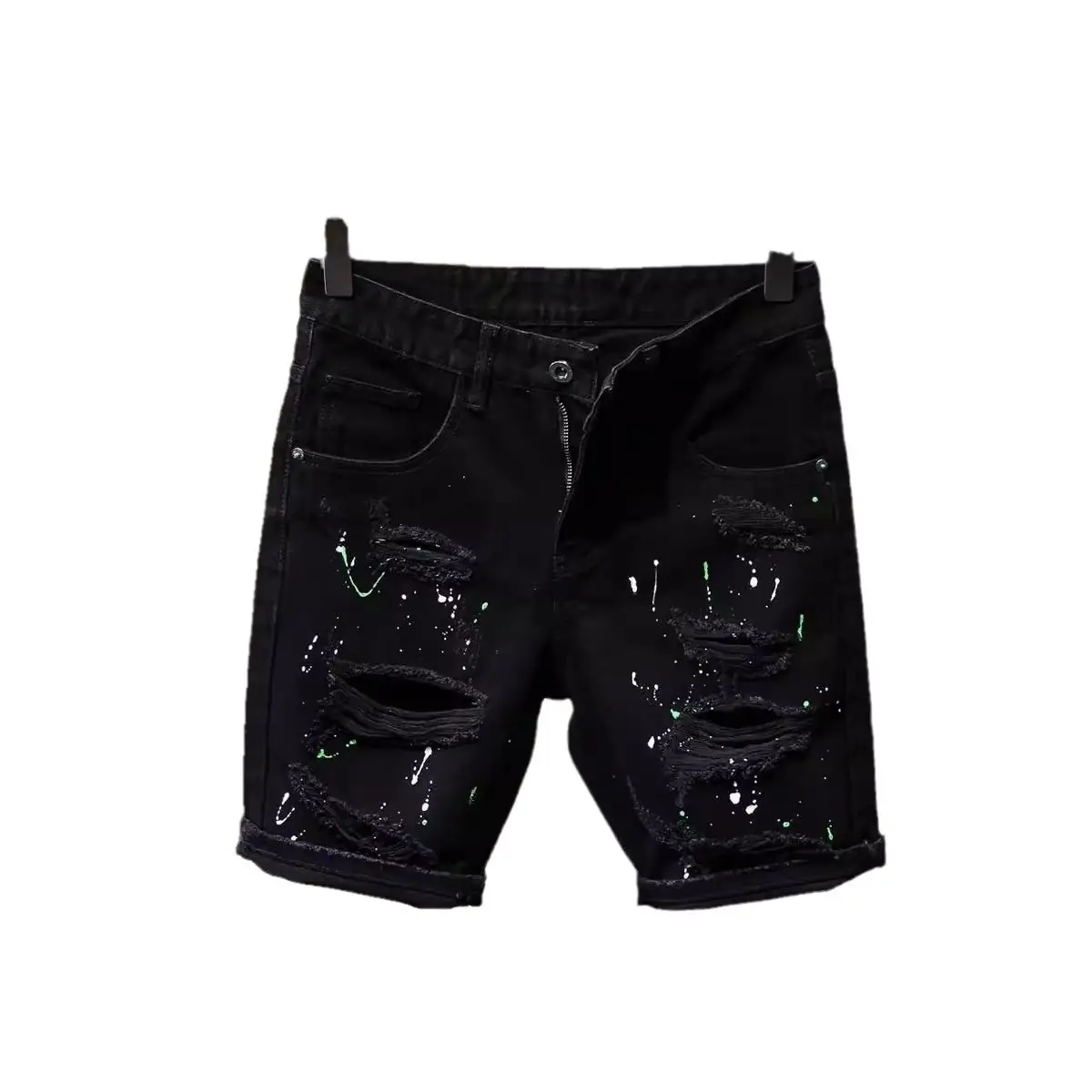 Black Ripped Splash Ink Slim Fit Shorts for Men - Image 5