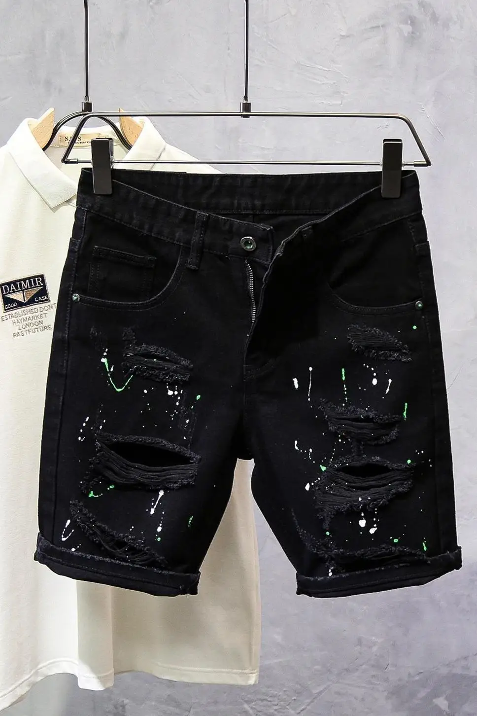 Black Ripped Splash Ink Slim Fit Shorts for Men — feature 1