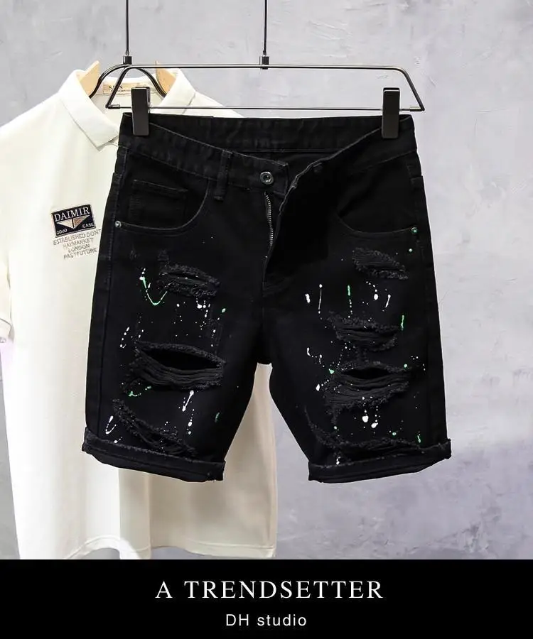 Black Ripped Splash Ink Slim Fit Shorts for Men — feature 3