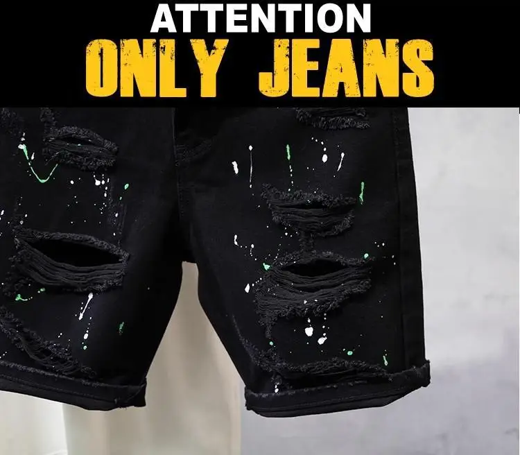 Black Ripped Splash Ink Slim Fit Shorts for Men — feature 8