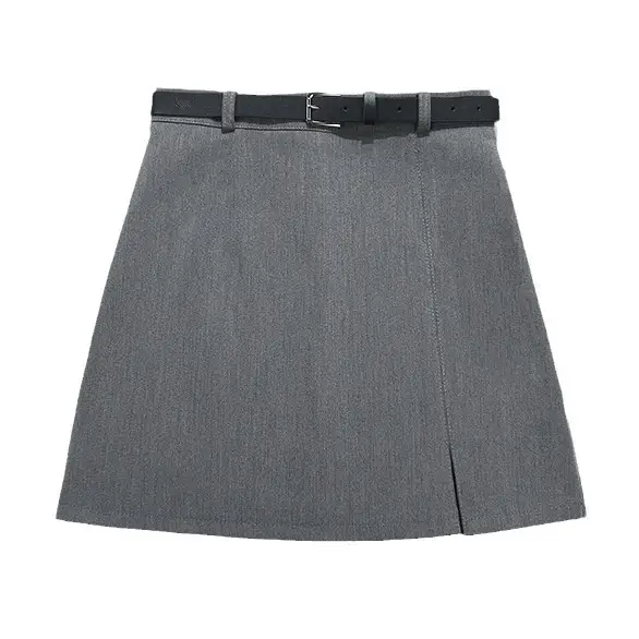 Grey High Waist Split A-Line Skirt with Belt 2024