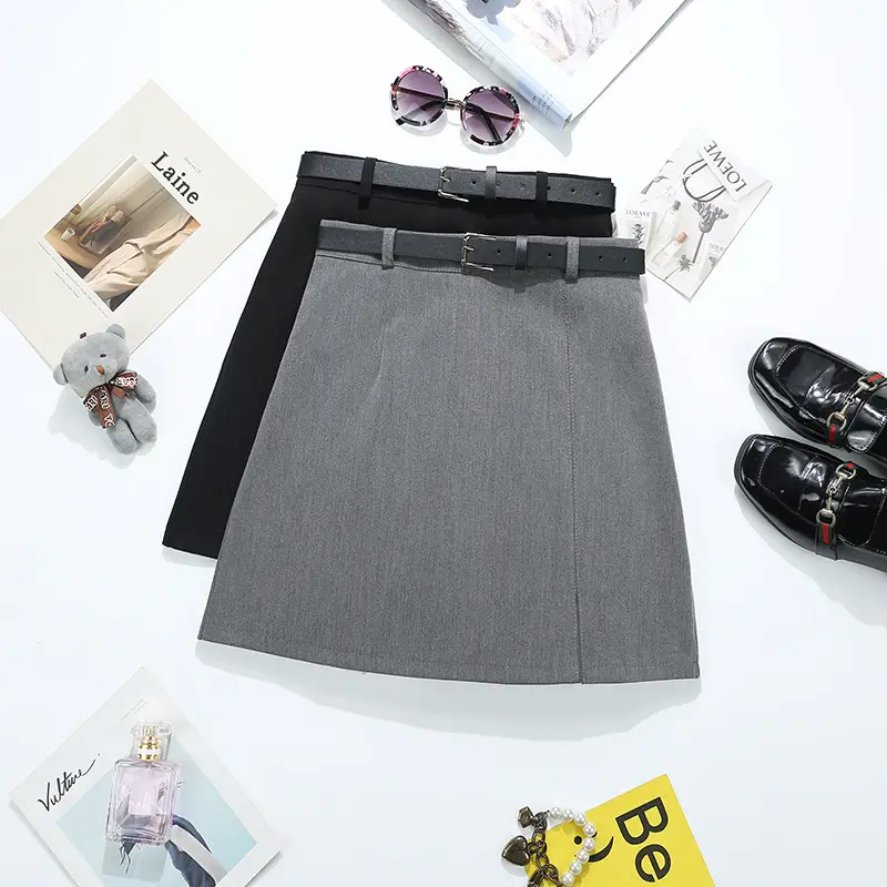 Grey High Waist Split A-Line Skirt with Belt 2024 — feature 1