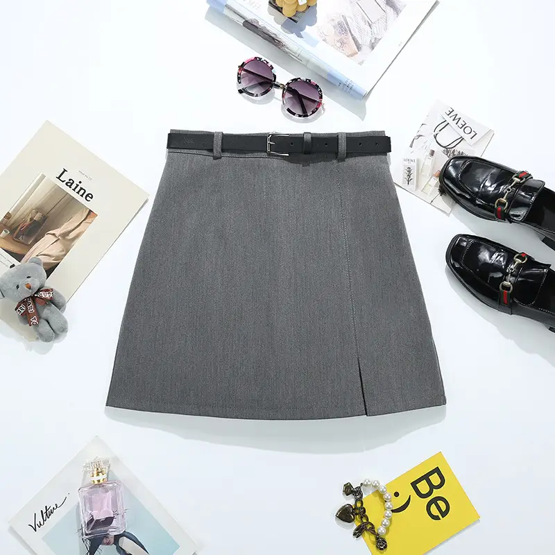 Grey High Waist Split A-Line Skirt with Belt 2024 — feature 4
