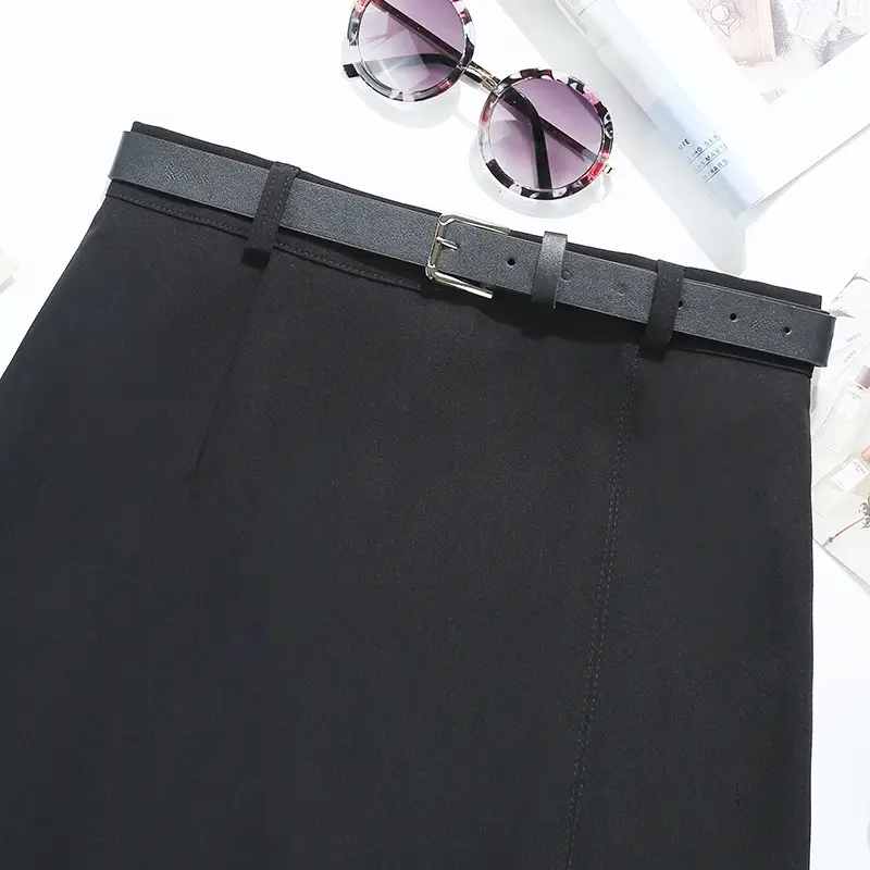 Grey High Waist Split A-Line Skirt with Belt 2024 — feature 5