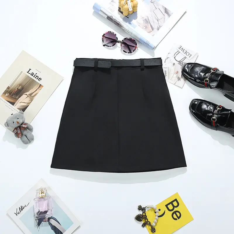 Grey High Waist Split A-Line Skirt with Belt 2024 — feature 9