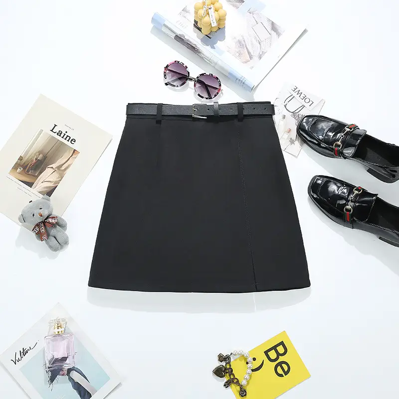 Grey High Waist Split A-Line Skirt with Belt 2024
