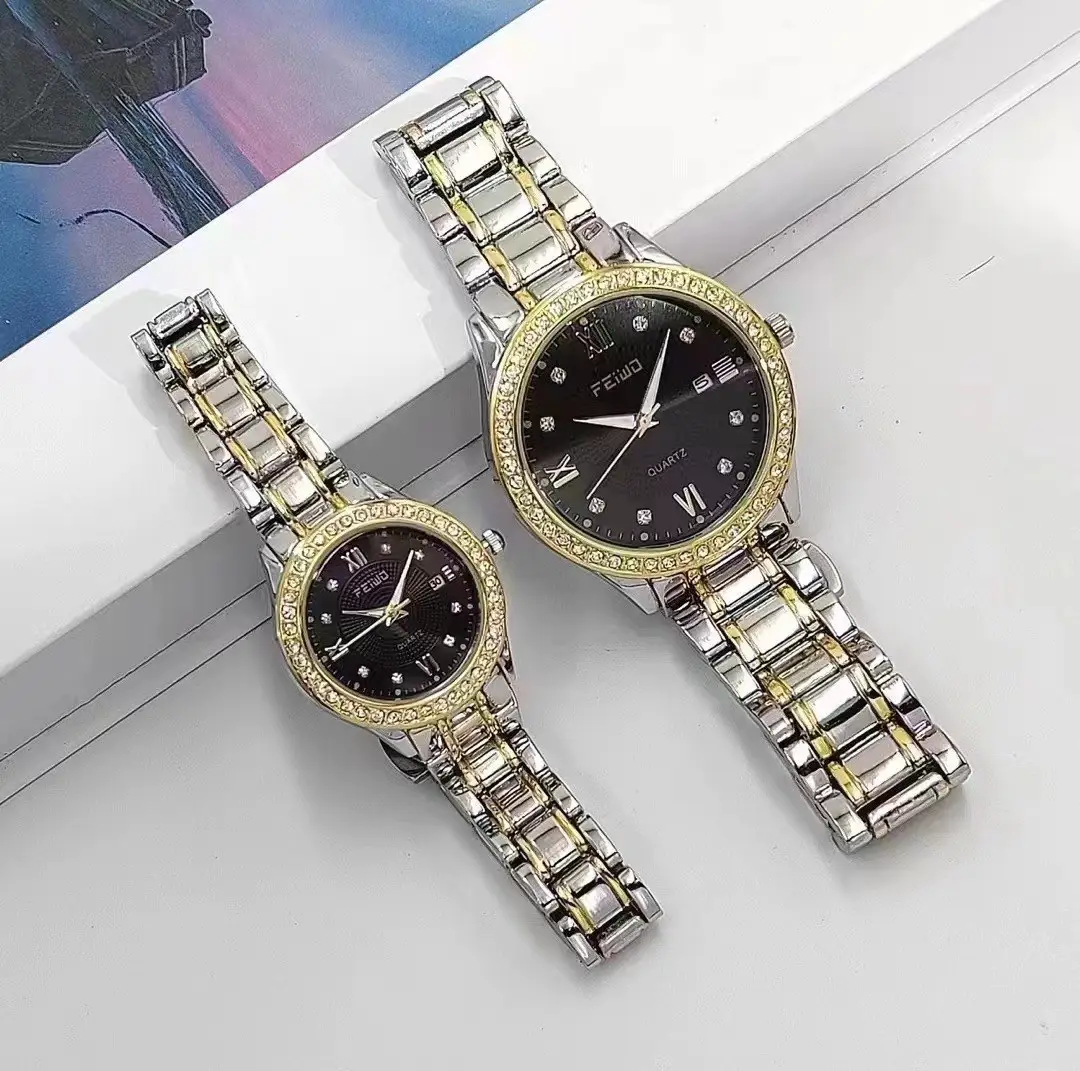 Couple Watches Set Gold Silver Crystal Band Quartz - Image 3