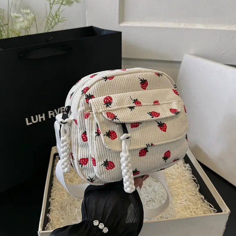 Vintage Strawberry Corduroy Shoulder Bag for Girls