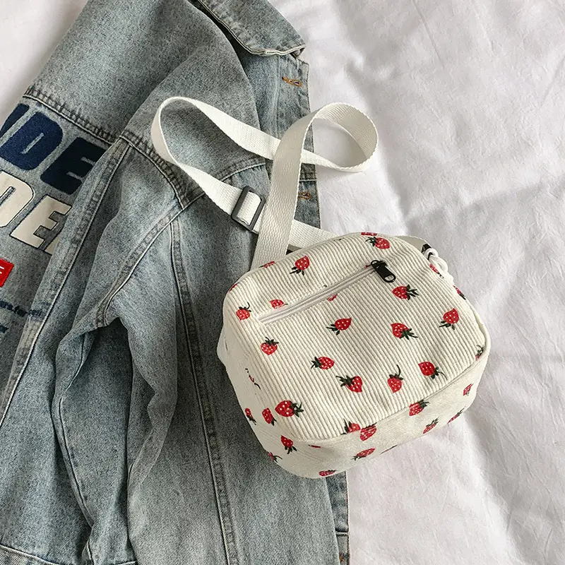 Vintage Strawberry Corduroy Shoulder Bag for Girls